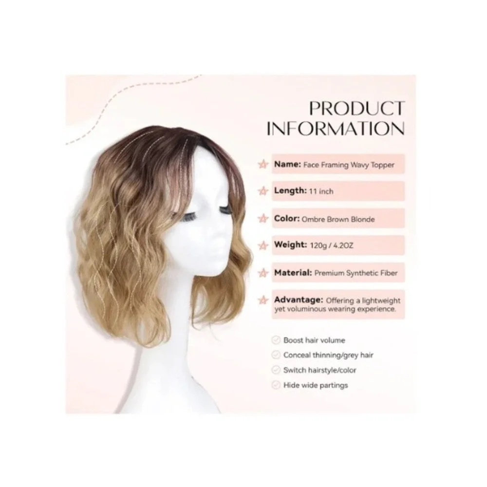Short Wavy Hair Topper 11in Ombre Brown Blonde Synthetic Hairpiece Natural
